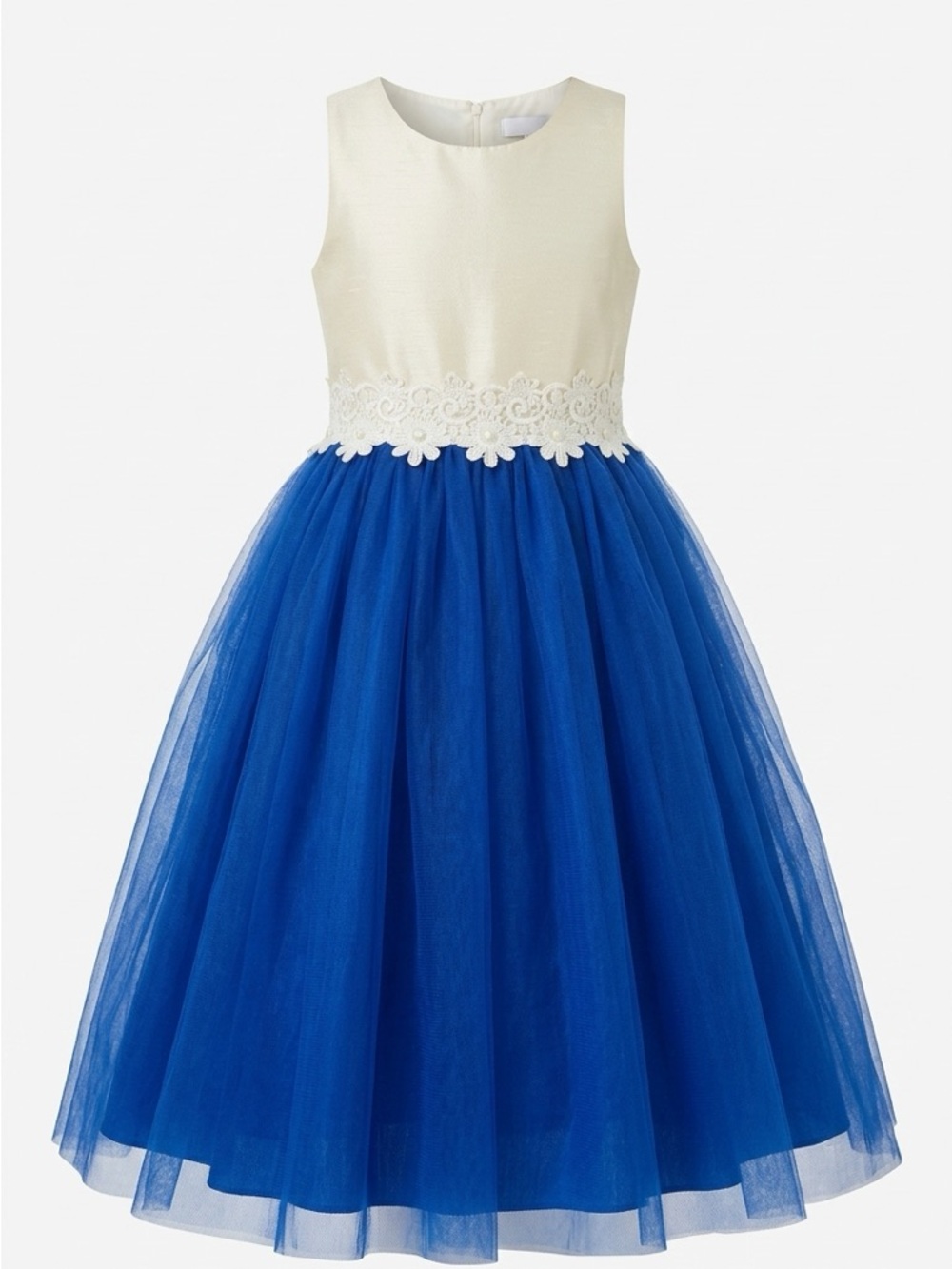 Ivory and Royal Blue Tulle Flower Waist Dress